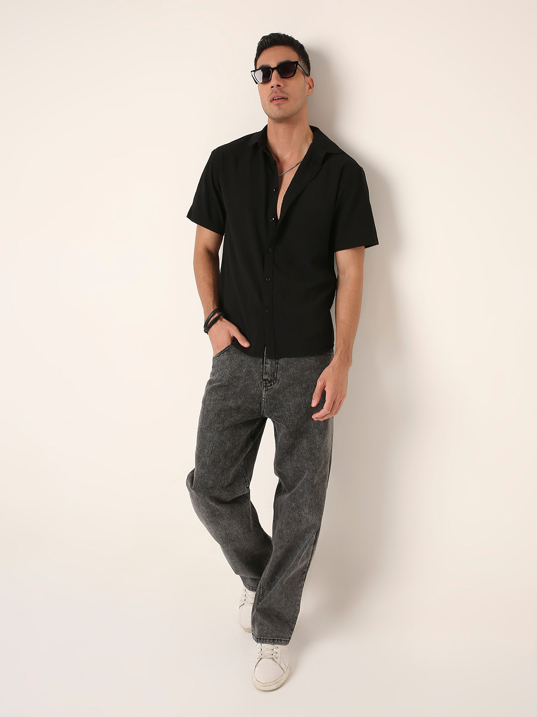 Black Self Structured Short Sleeve Button-Down Shirt