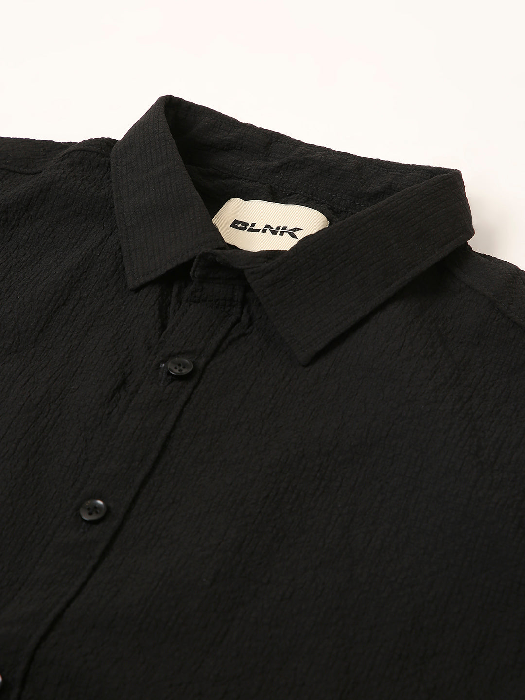 Black Self Structured Short Sleeve Button-Down Shirt