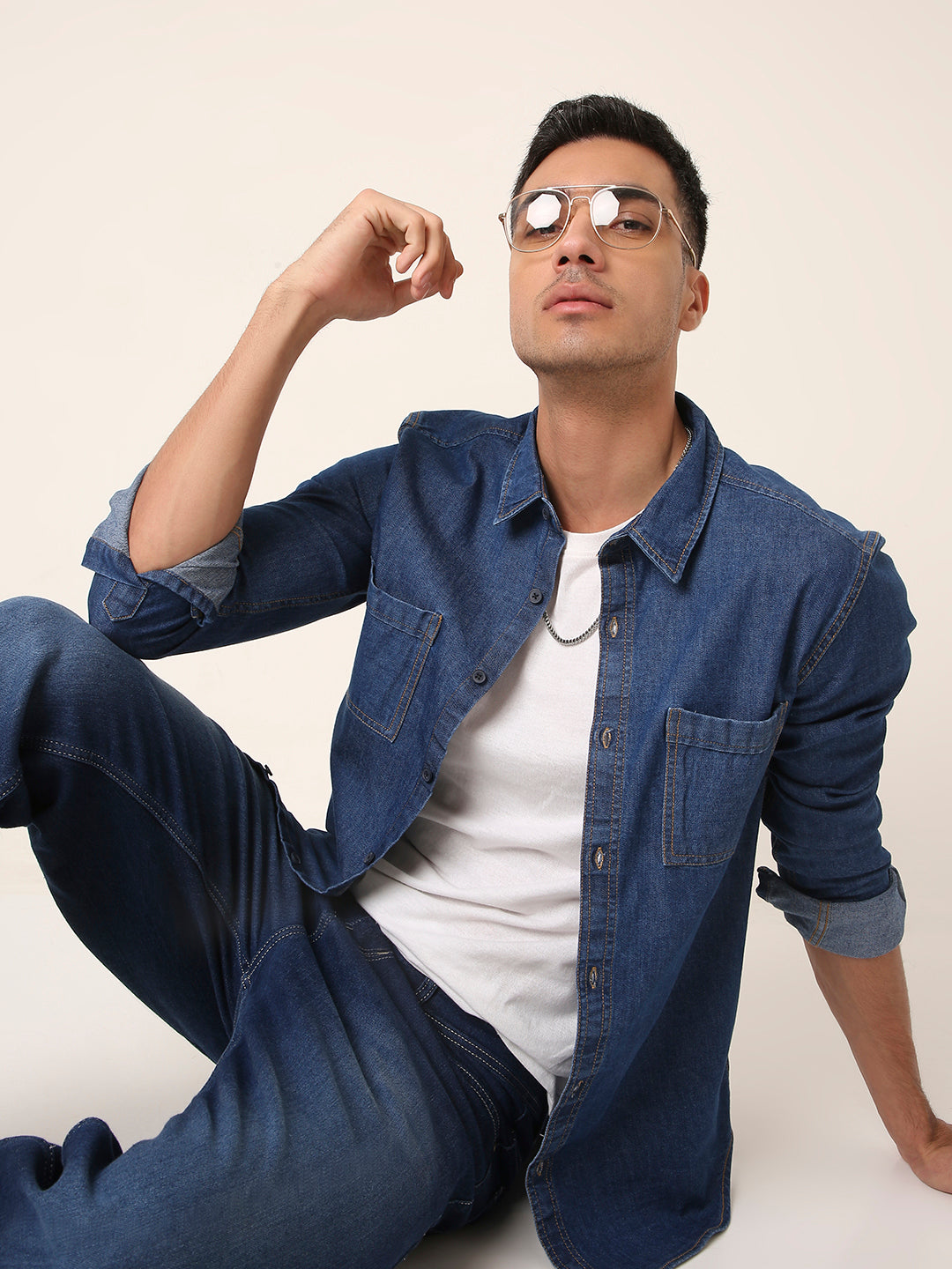 MID Blue Denim Casual Shirt with Dual Chest Pockets