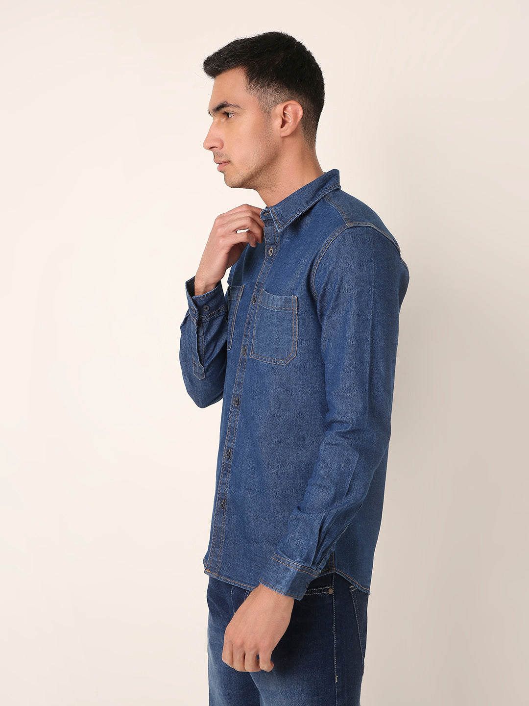 MID Blue Denim Casual Shirt with Dual Chest Pockets