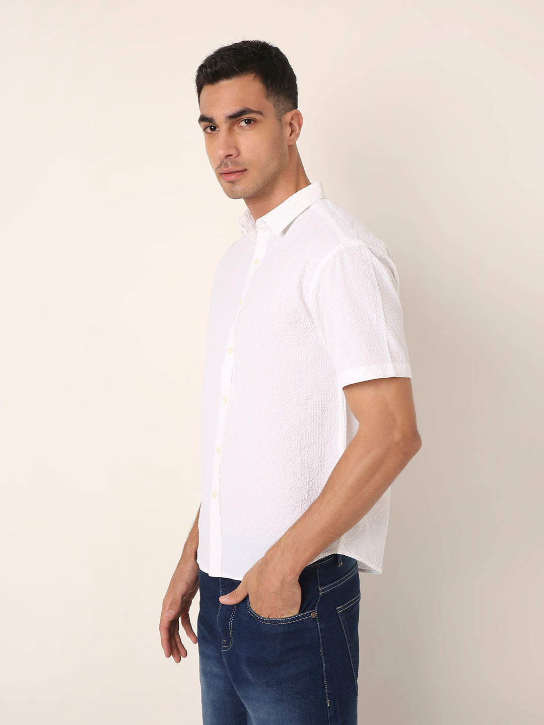 White Self Structured Short Sleeve Button-Down Shirt