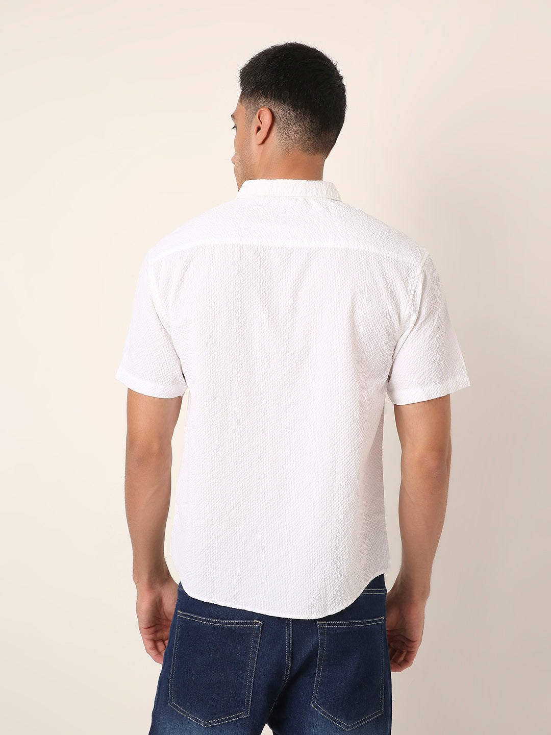 White Self Structured Short Sleeve Button-Down Shirt