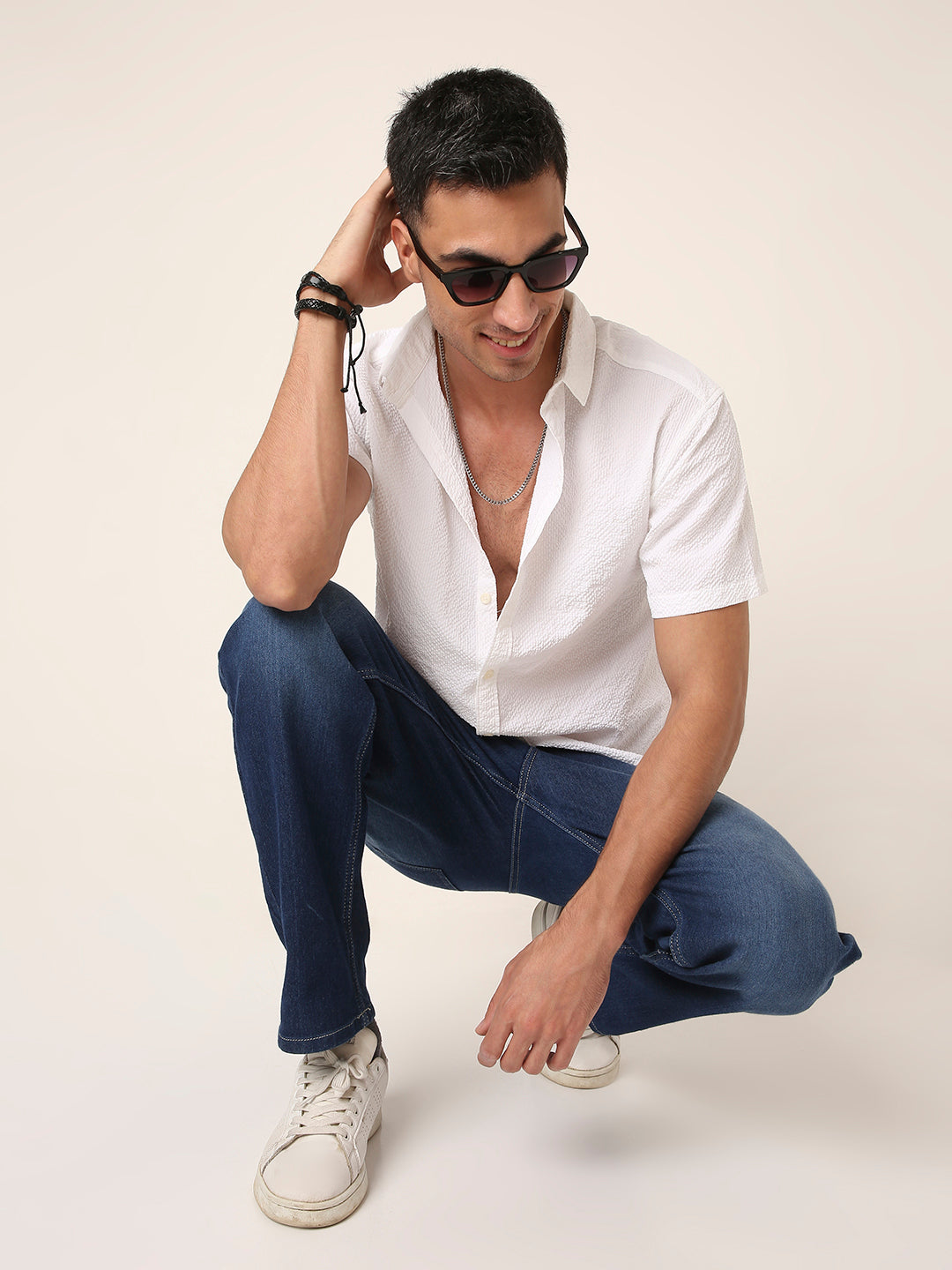 White Self Structured Short Sleeve Button-Down Shirt