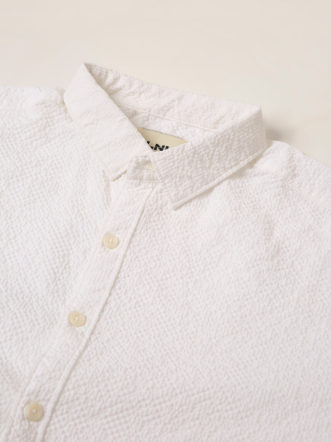White Self Structured Short Sleeve Button-Down Shirt