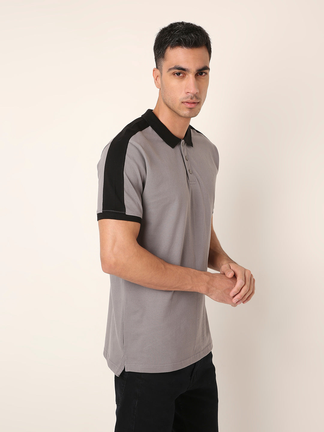 Grey & Black Contrast Polo T-Shirt