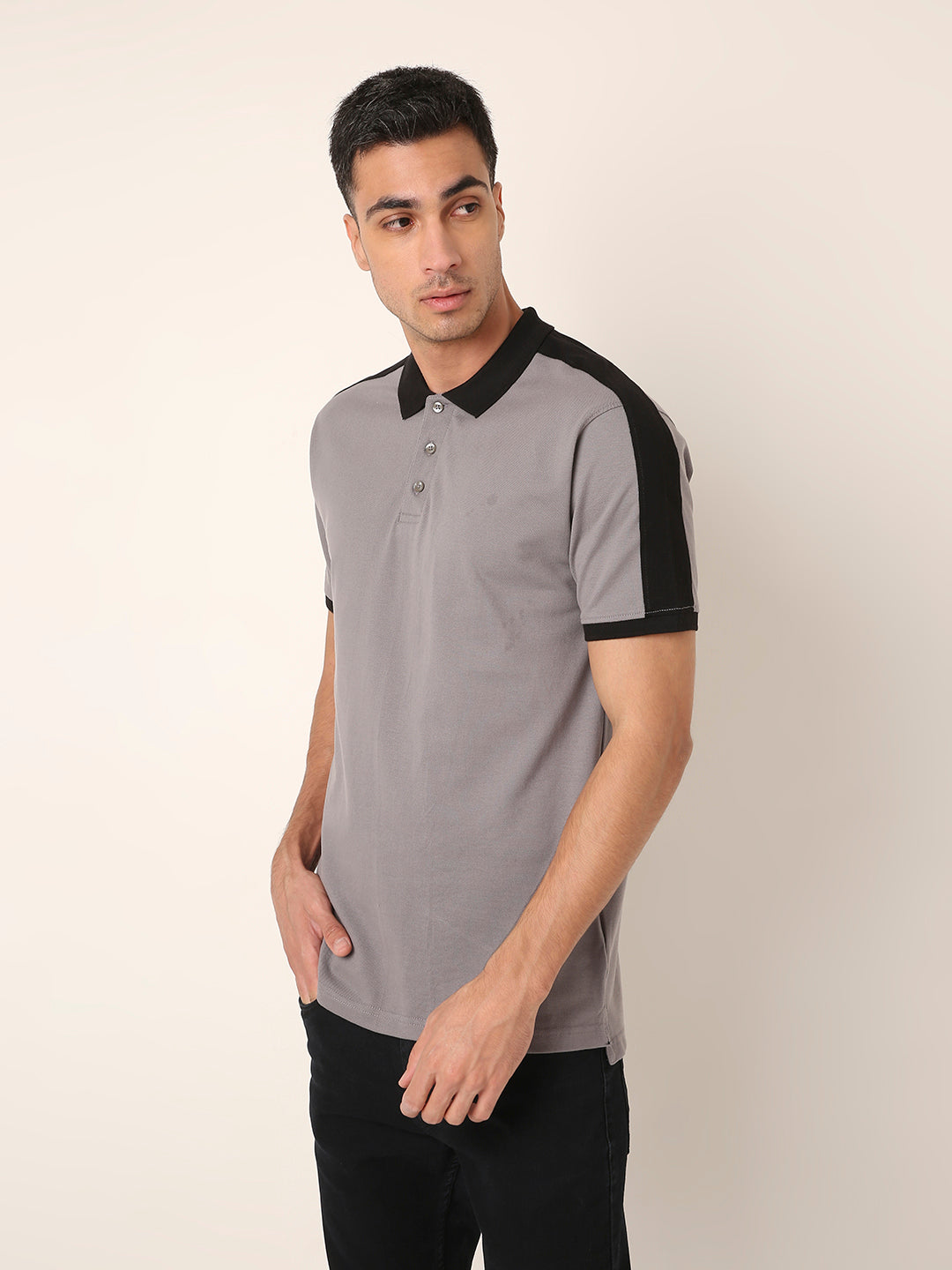 Grey & Black Contrast Polo T-Shirt