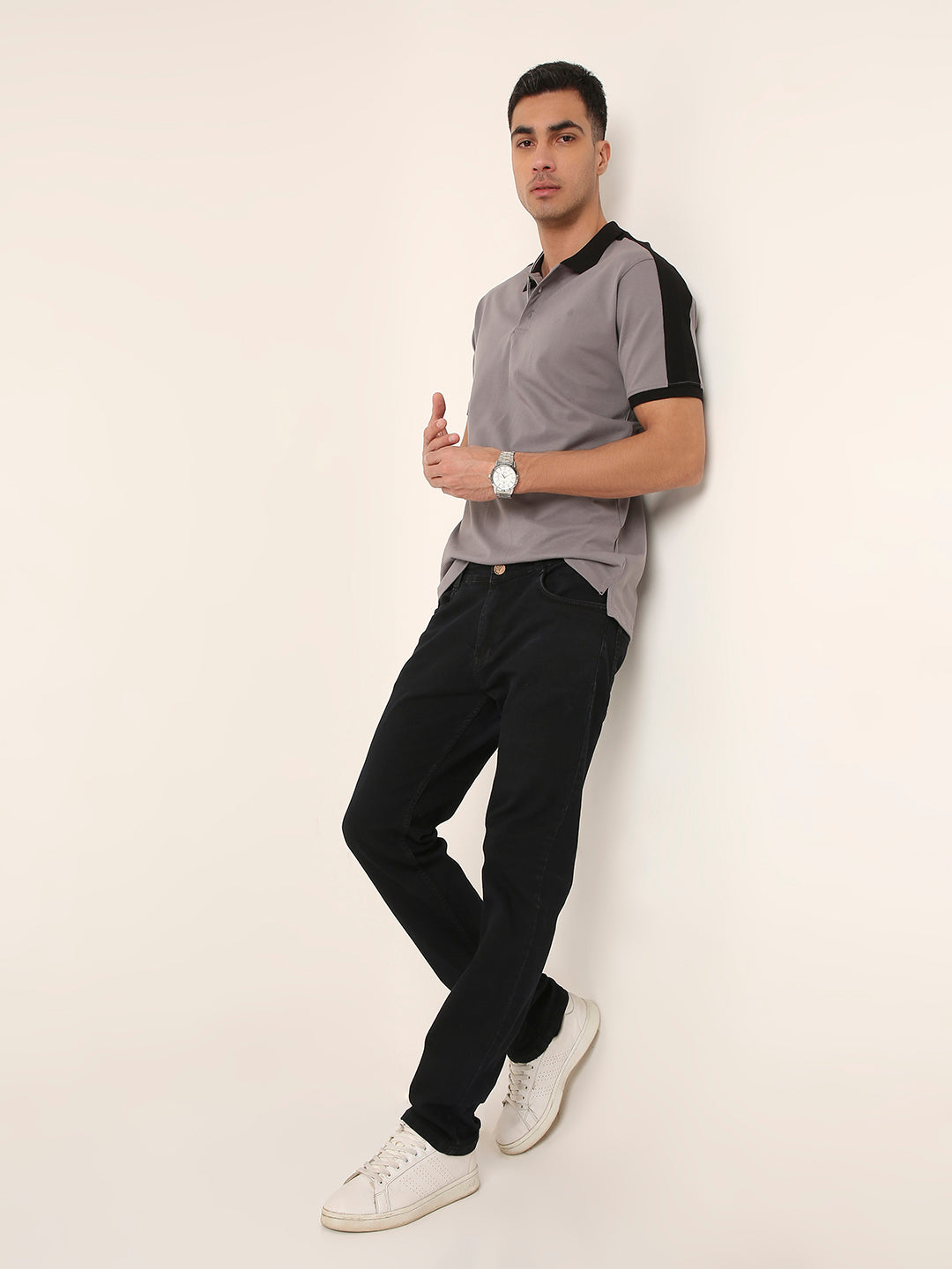 Grey & Black Contrast Polo T-Shirt