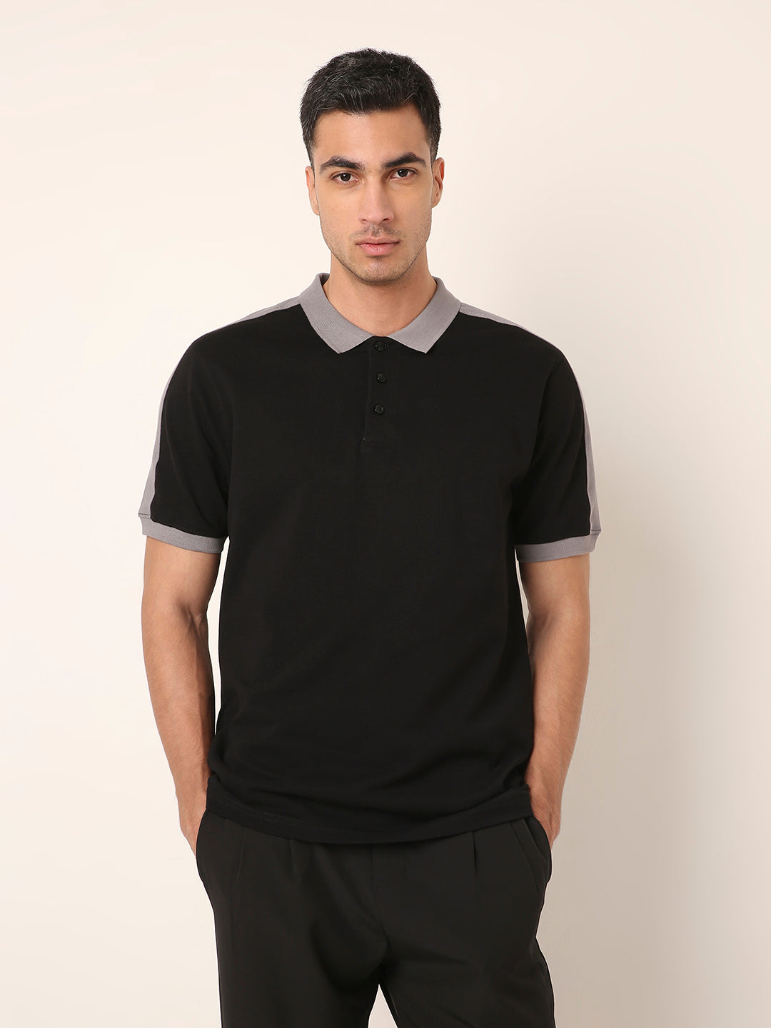 Black & Gery Contrast Polo T-Shirt