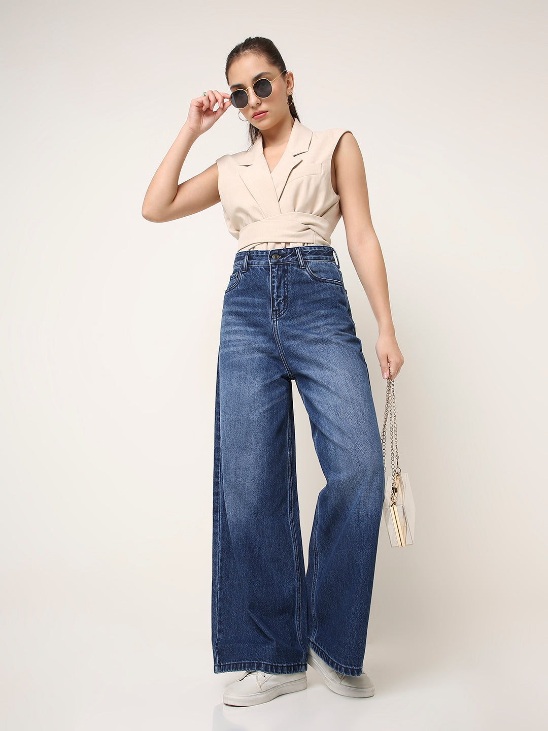 Dark Blue High-Waist Wide Leg Denim Jeans