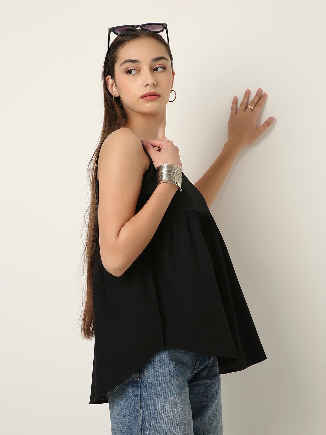 BLACK PLEATED CAMI COTTON TOP