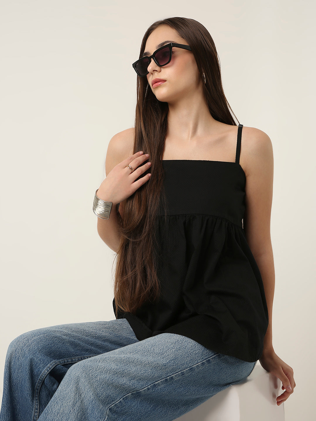 BLACK PLEATED CAMI COTTON TOP