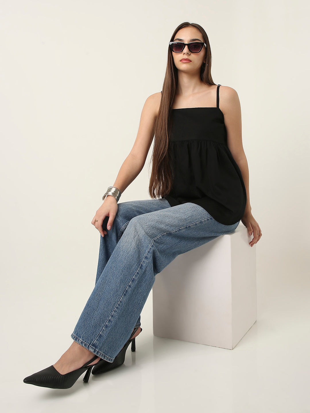 BLACK PLEATED CAMI COTTON TOP