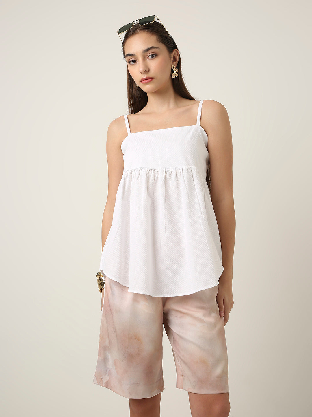 WHITE PLEATED CAMI COTTON TOP