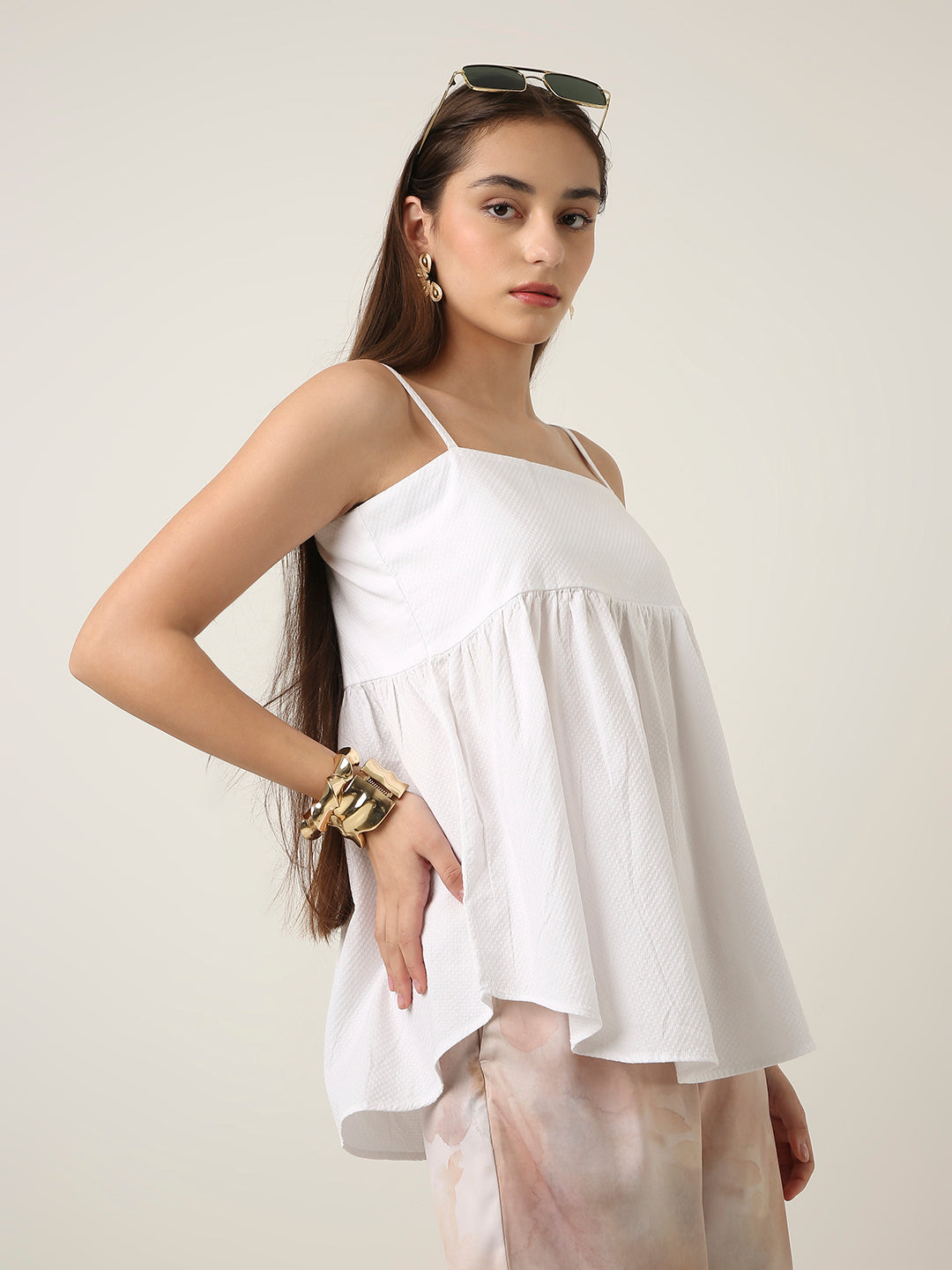 WHITE PLEATED CAMI COTTON TOP