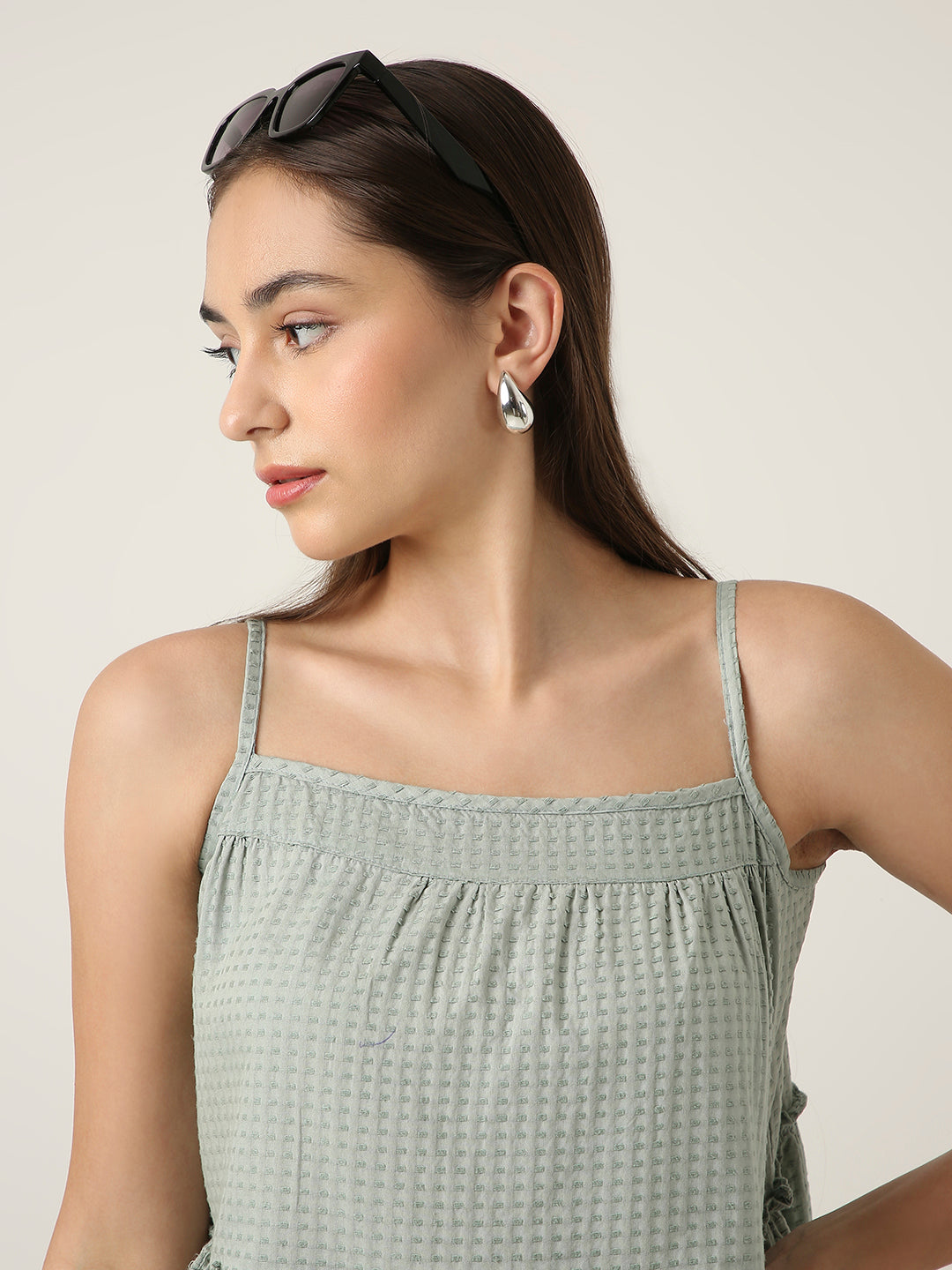 GREEN TEXTURED SPAGHETTI STRAP LAYERED TOP