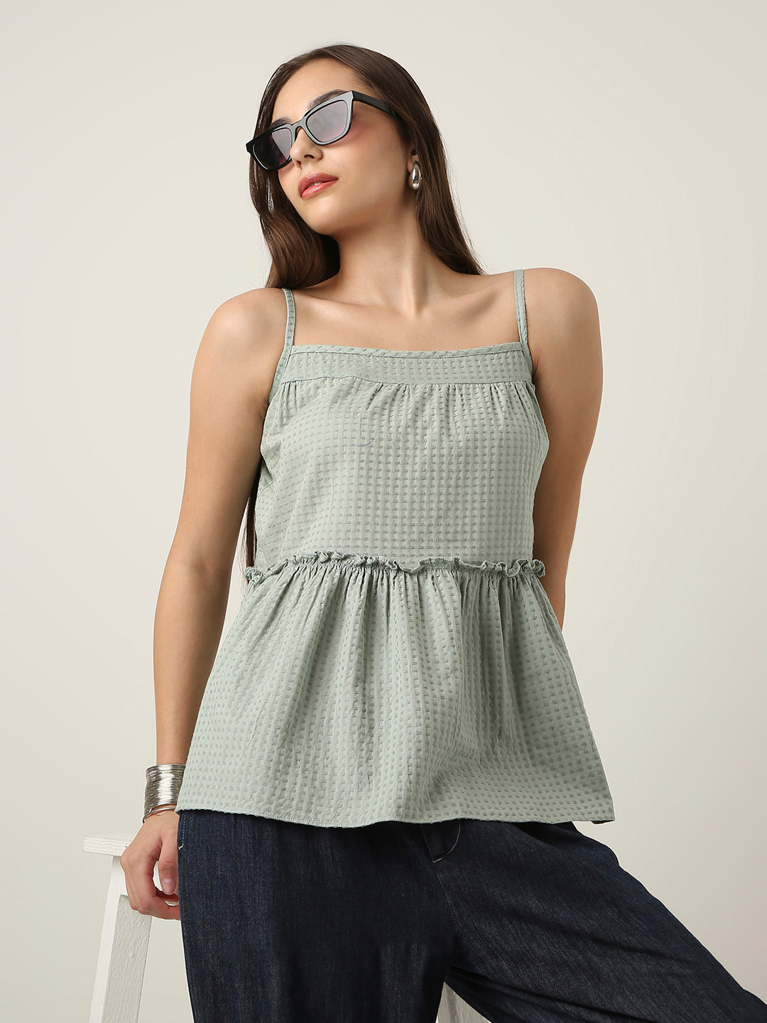 GREEN TEXTURED SPAGHETTI STRAP LAYERED TOP