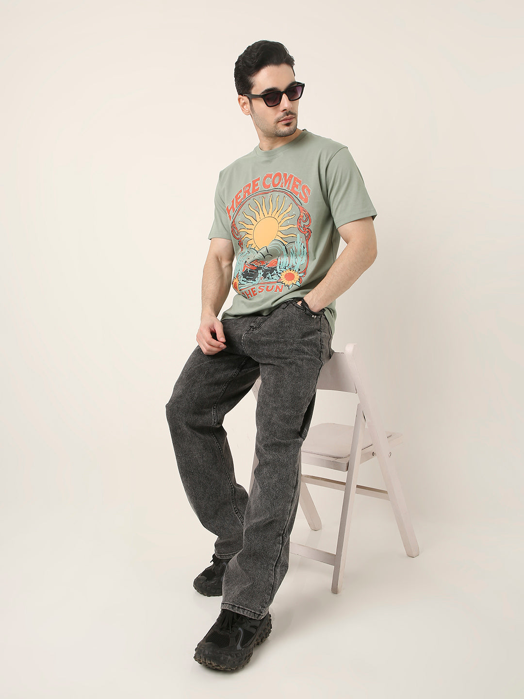 RELAXED FIT:SAGE GREEN PRINTED TSHIRT