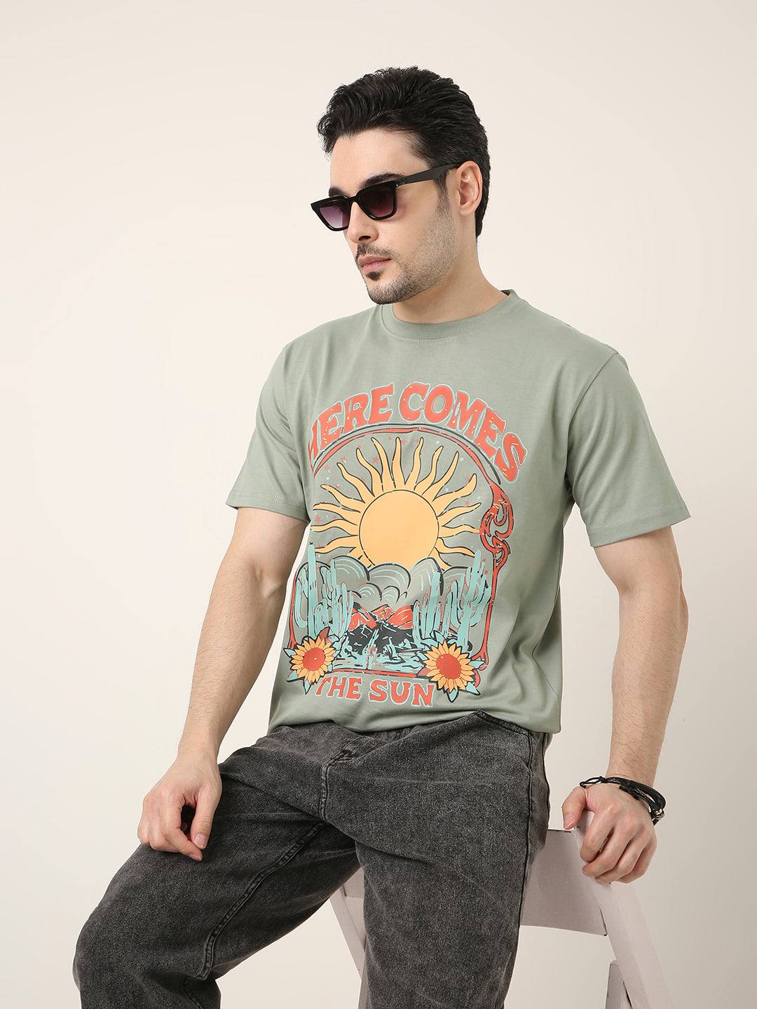 RELAXED FIT:SAGE GREEN PRINTED TSHIRT