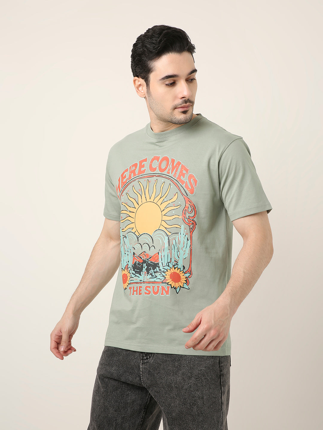 RELAXED FIT:SAGE GREEN PRINTED TSHIRT