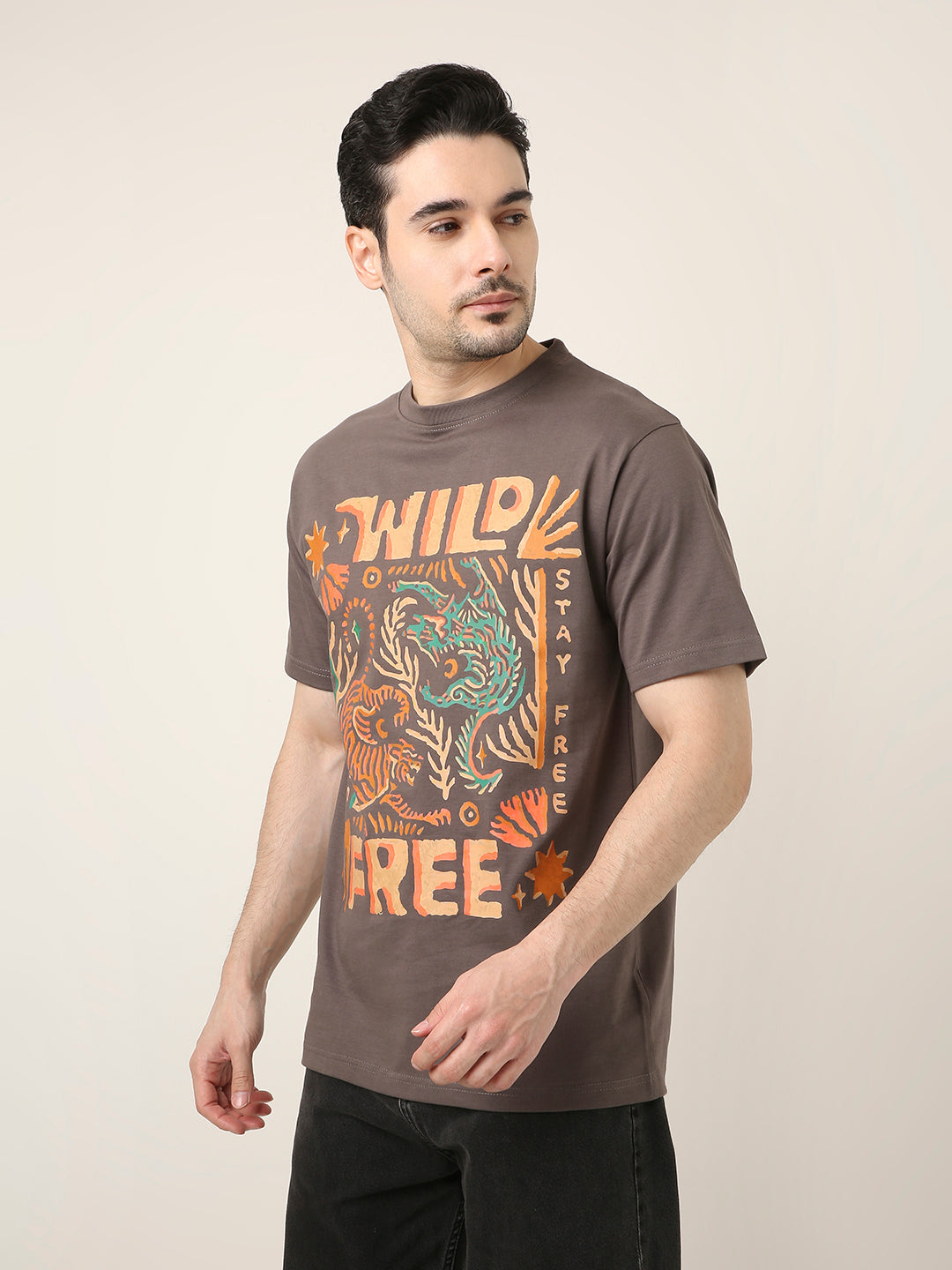 RELAXED FIT:GREY PRINTED TSHIRT