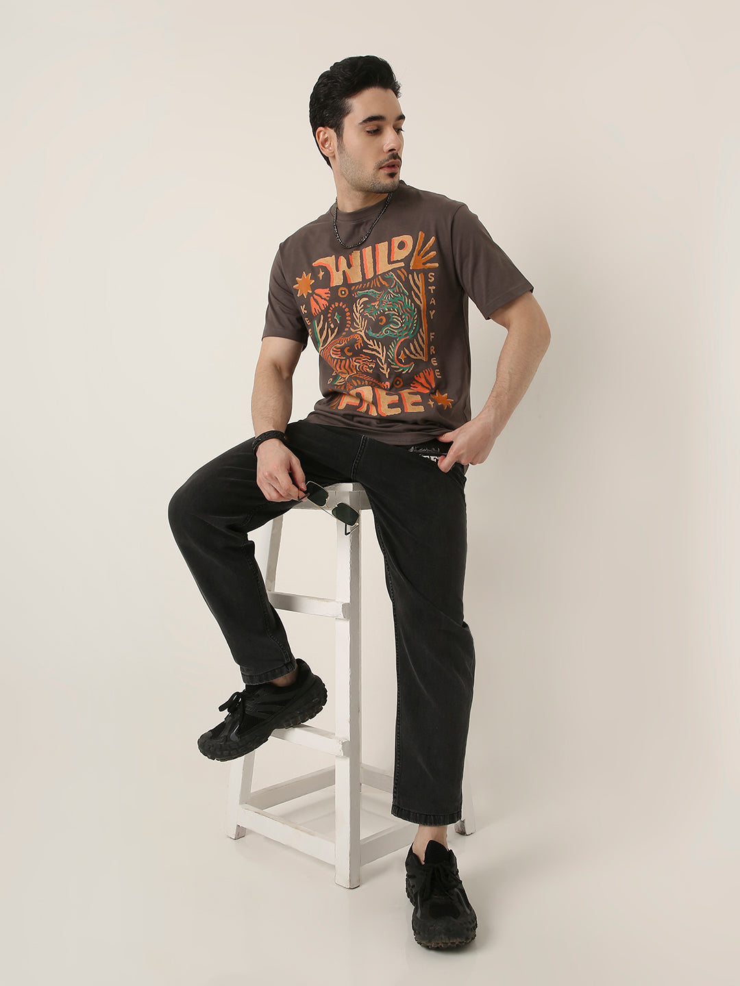 RELAXED FIT:GREY PRINTED TSHIRT