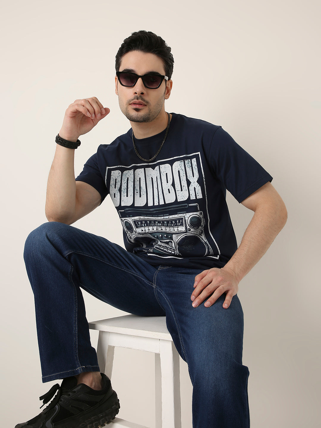 RELAXED FIT:NAVY BLUE PRINTED TSHIRT