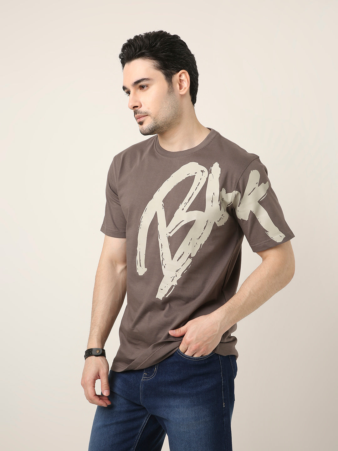 RELAXED FIT:GREY PRINTED TSHIRT