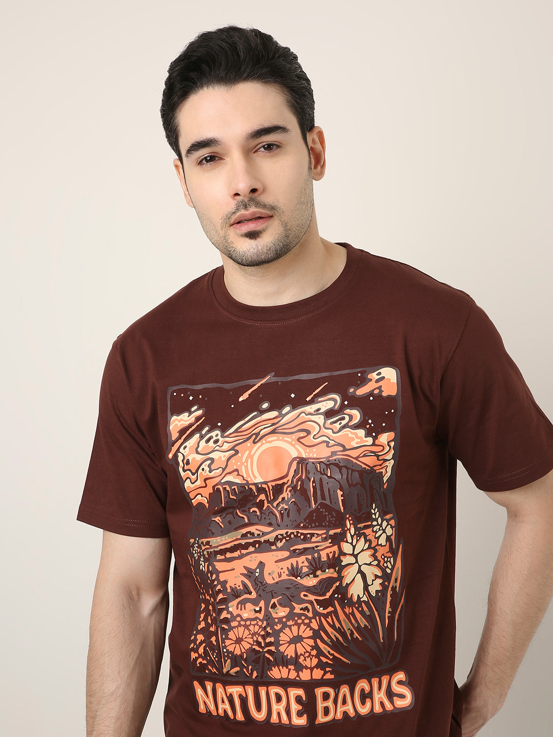 RELAXED FIT:BROWN PRINTED TSHIRT
