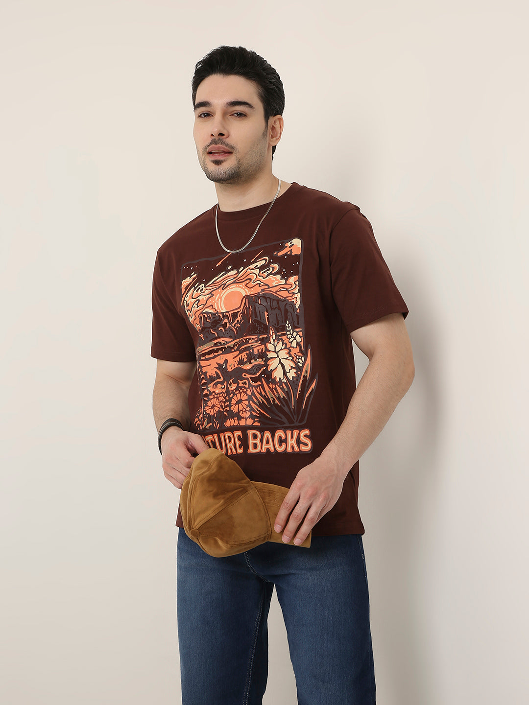 RELAXED FIT:BROWN PRINTED TSHIRT