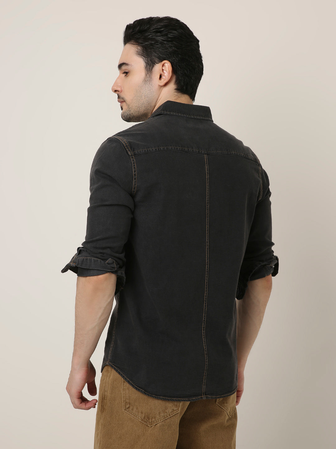 Black Washed Denim Double Pocket Casual Shirt