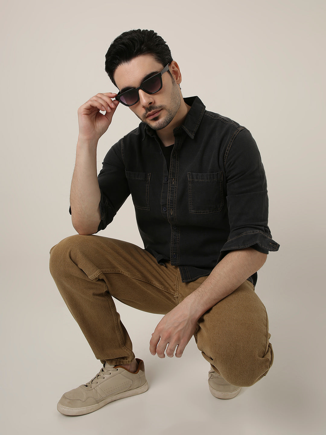 Black Washed Denim Double Pocket Casual Shirt