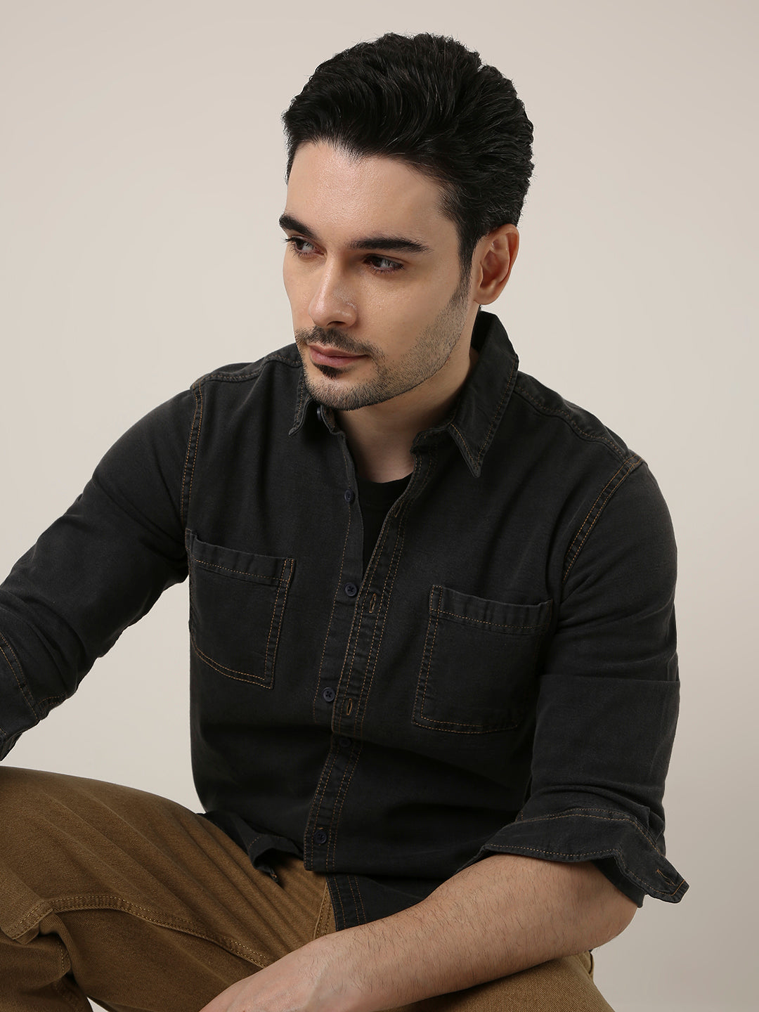 Black Washed Denim Double Pocket Casual Shirt