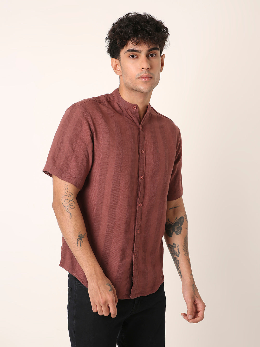 Rusty Onion Textured Mandarin Collar Shirt