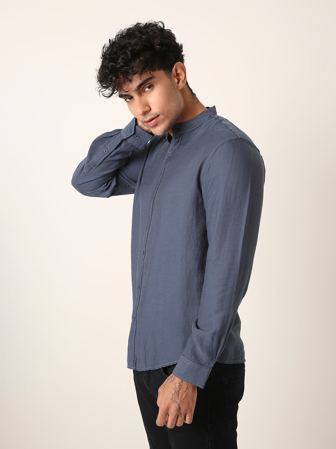 Blue Mandarin Collar Casual Shirt