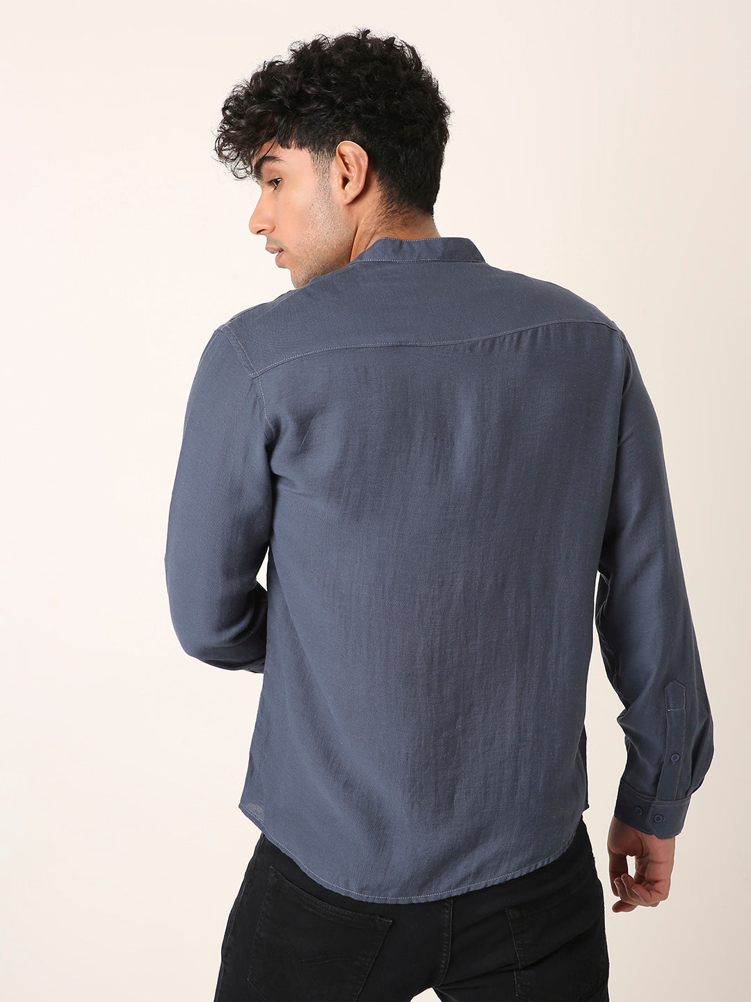 Blue Mandarin Collar Casual Shirt