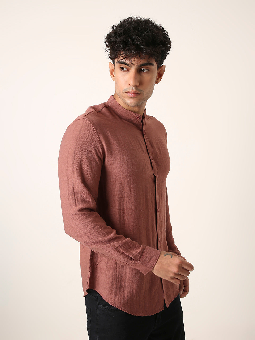 Rust Brown Mandarin Collar Casual Shirt
