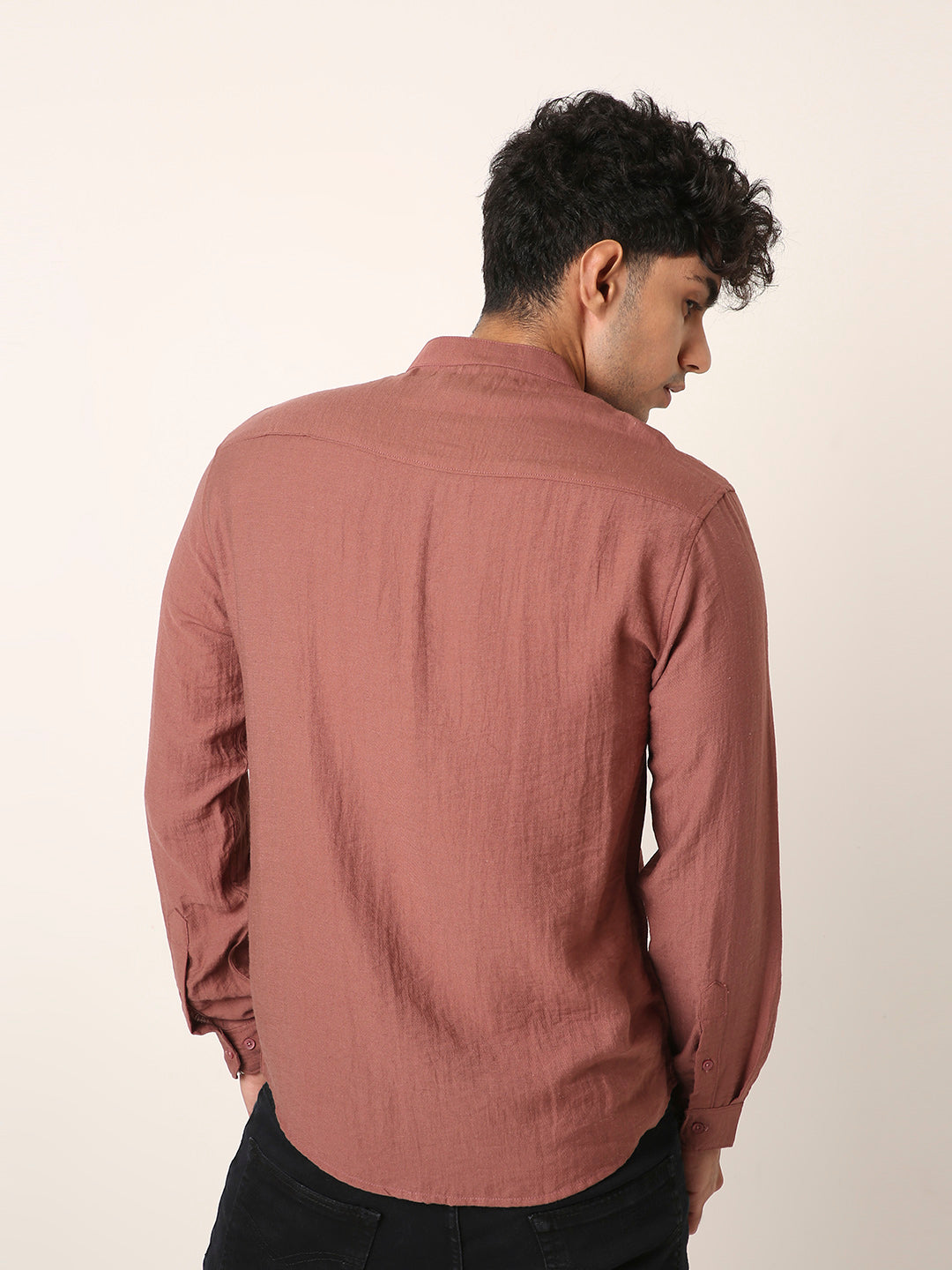 Rust Brown Mandarin Collar Casual Shirt