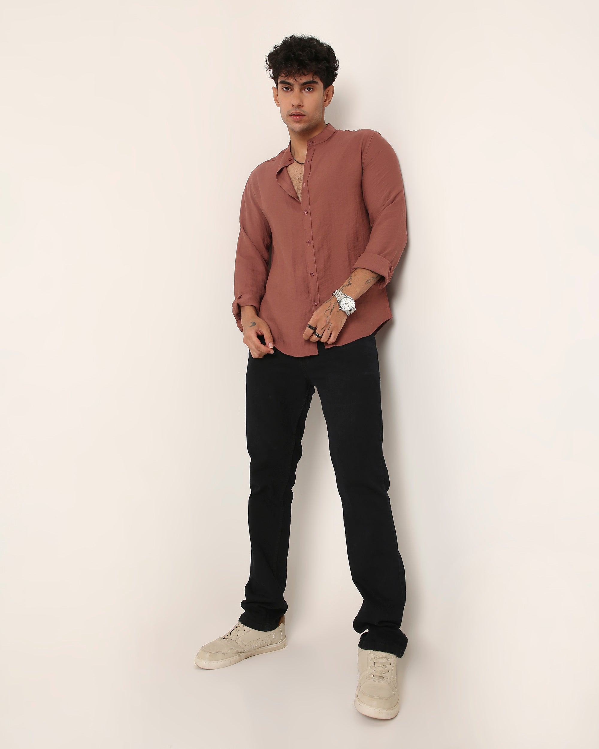Rust Brown Mandarin Collar Casual Shirt