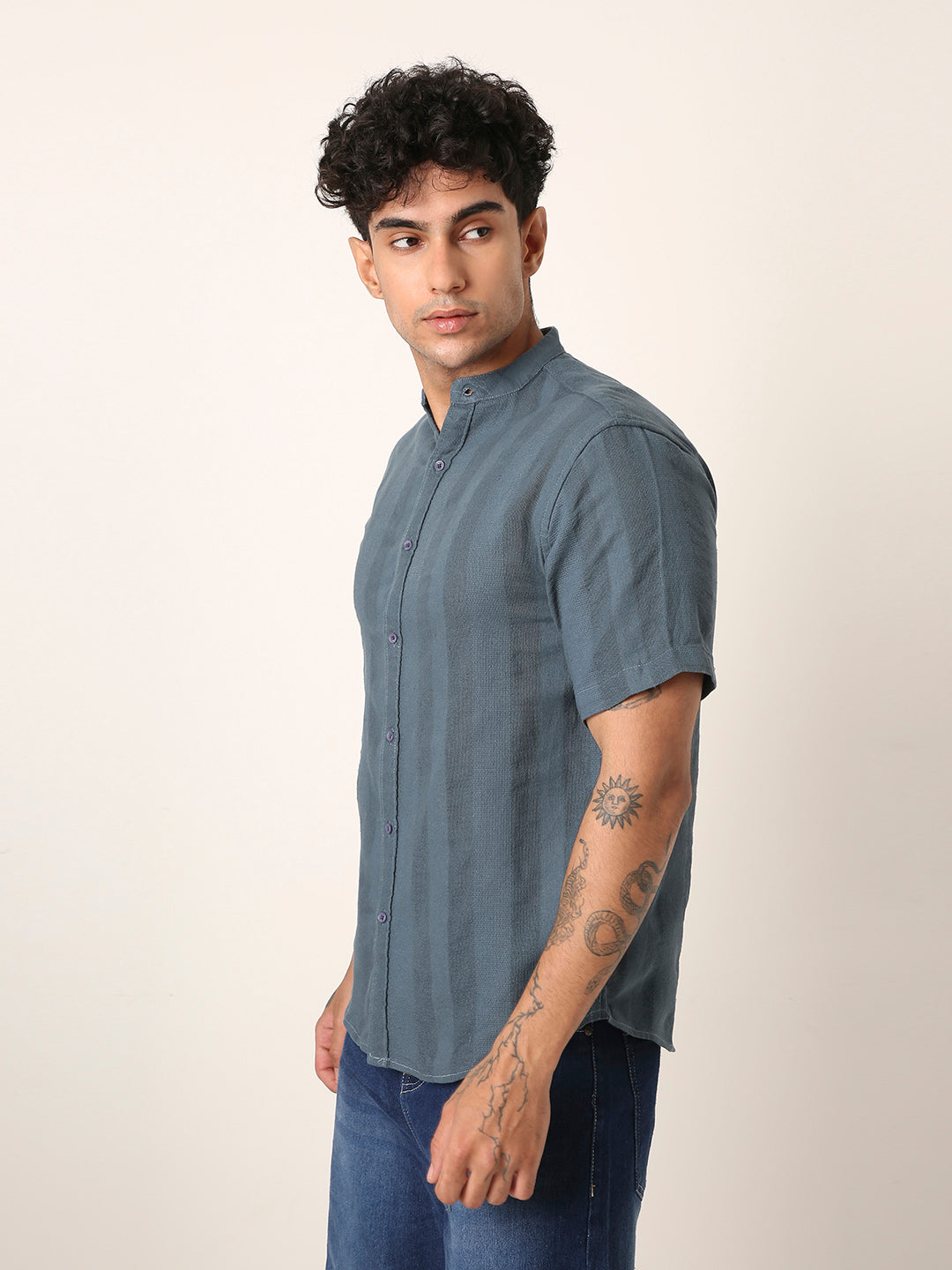 Blue Textured Mandarin Collar Shirt