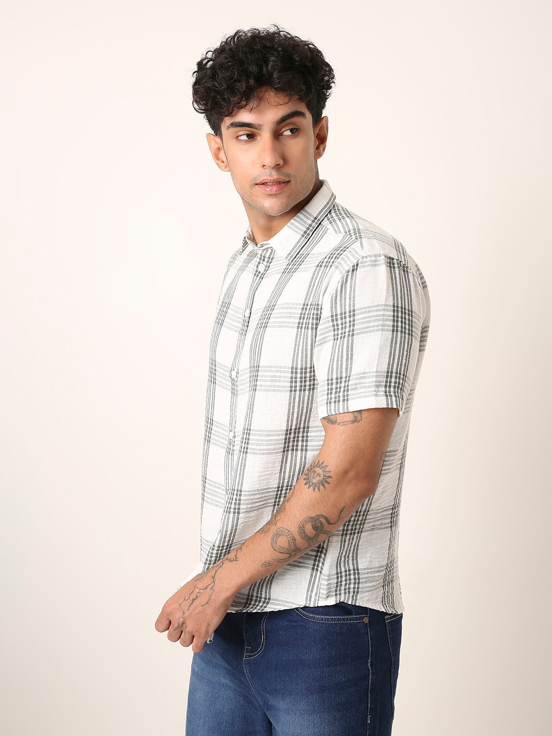 Grey Linen Blend Check Casual Shirt