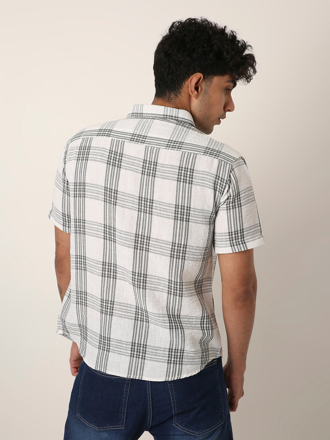 Grey Linen Blend Check Casual Shirt