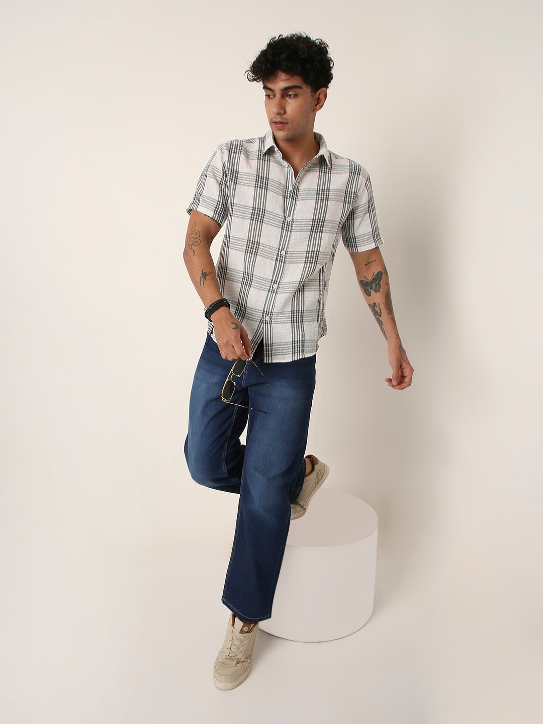 Grey Linen Blend Check Casual Shirt