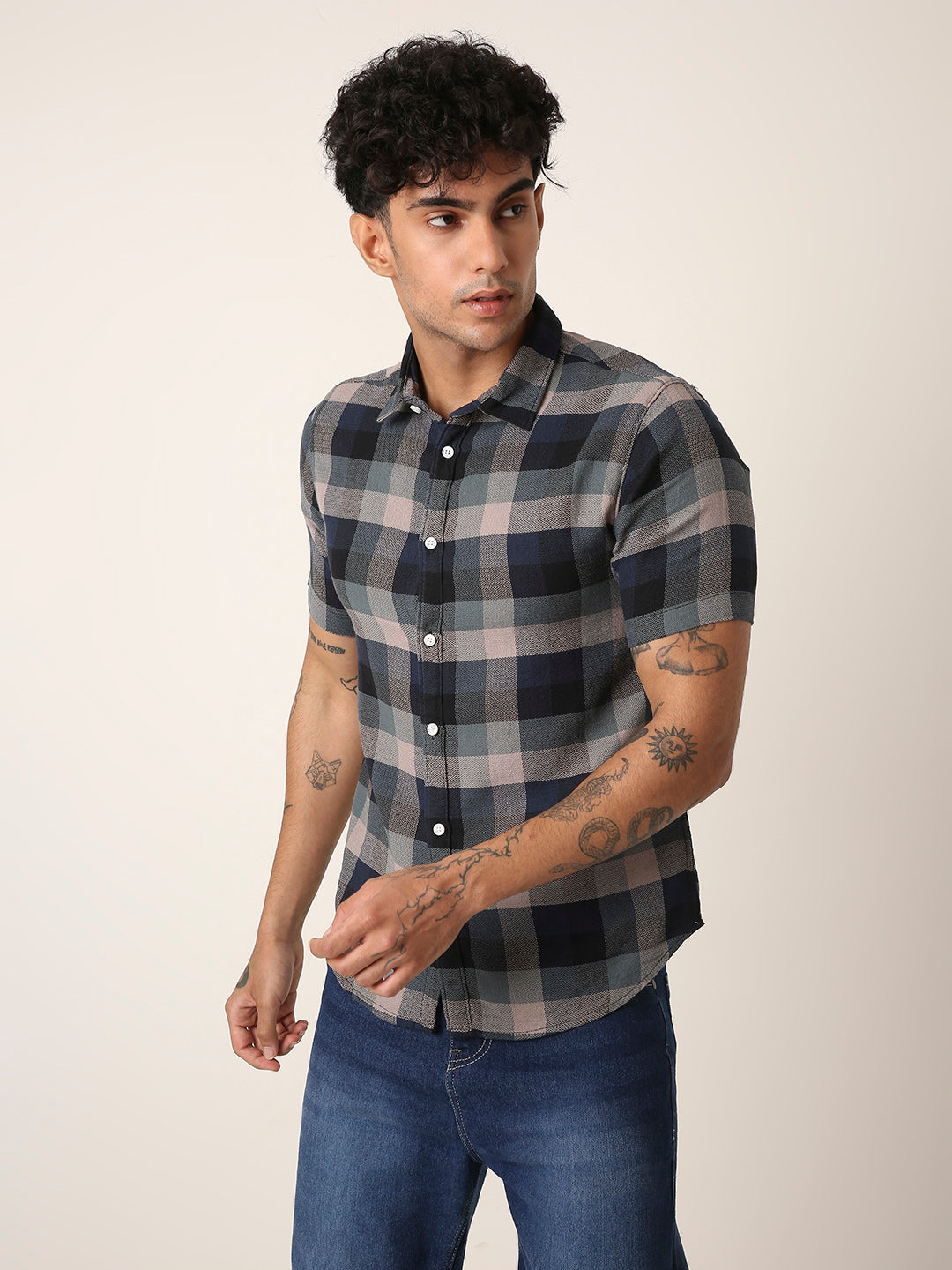 Navy Blue & Grey Checkered Short Sleeve Casual Shirt