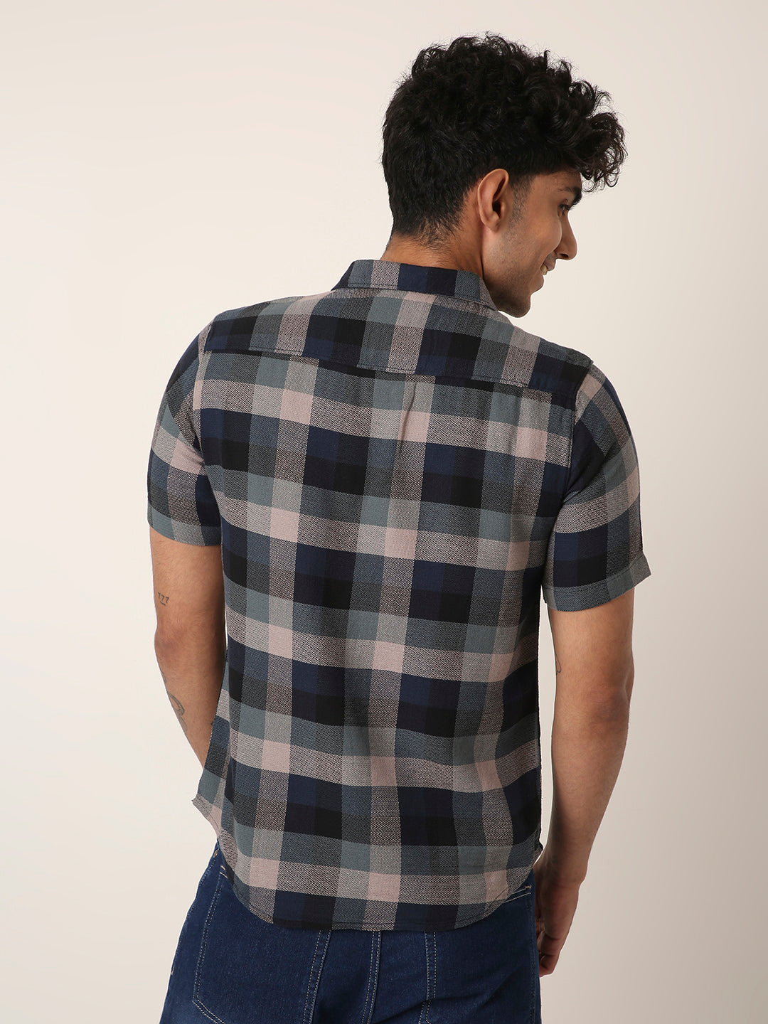 Navy Blue & Grey Checkered Short Sleeve Casual Shirt