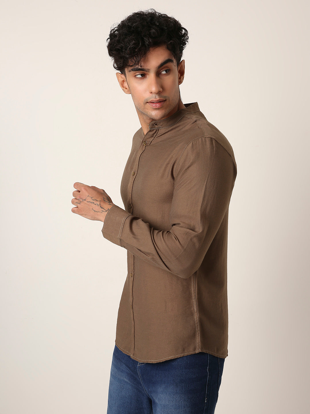 Khaki Mandarin Collar Casual Shirt