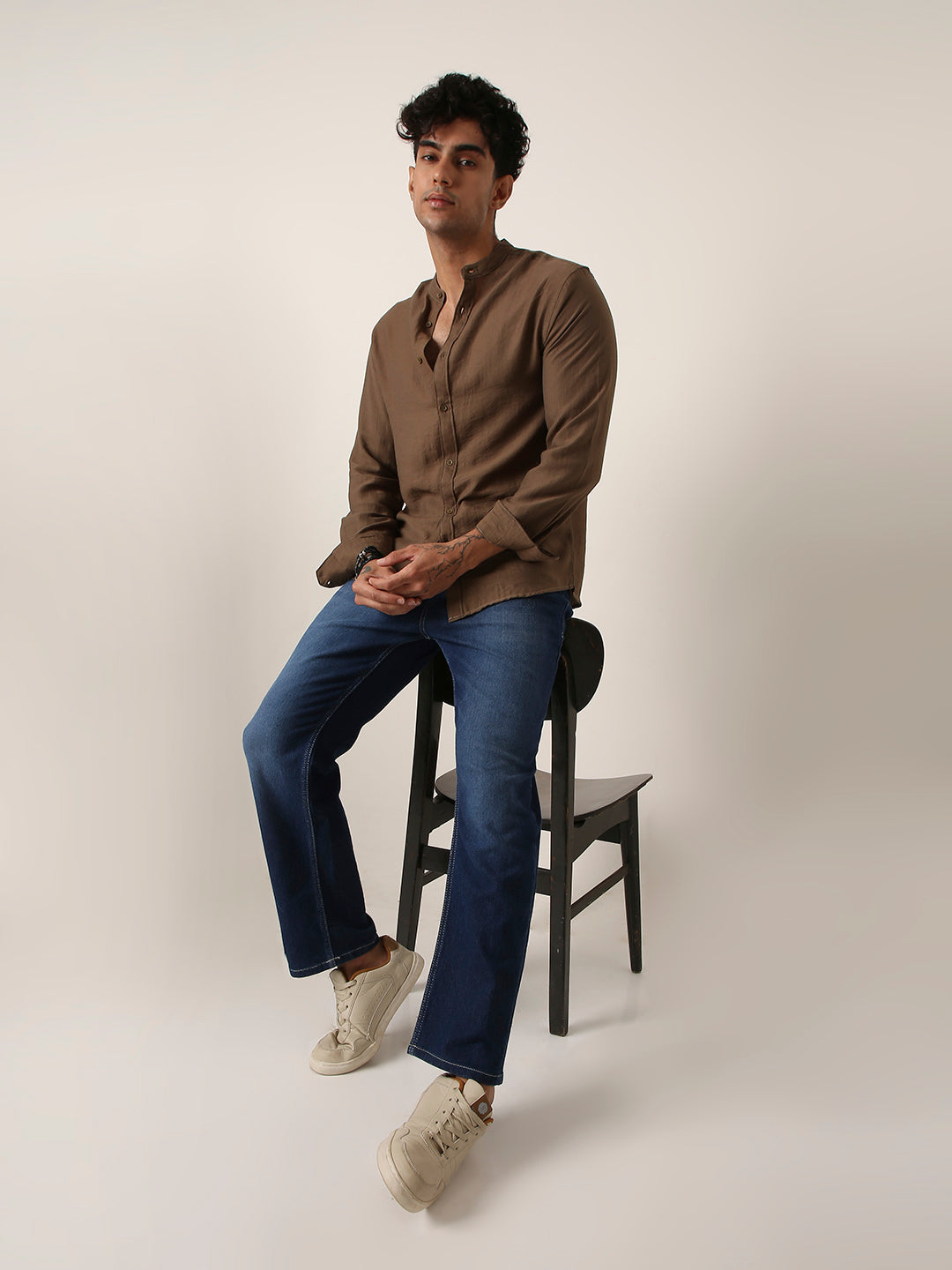 Khaki Mandarin Collar Casual Shirt