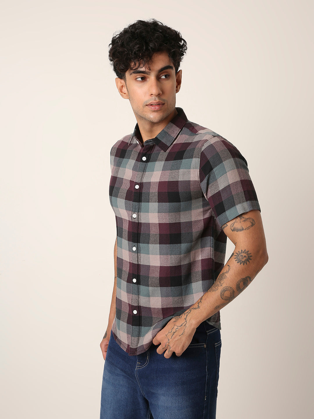 Maroon & Grey Checkered Short Sleeve Casual Shirt