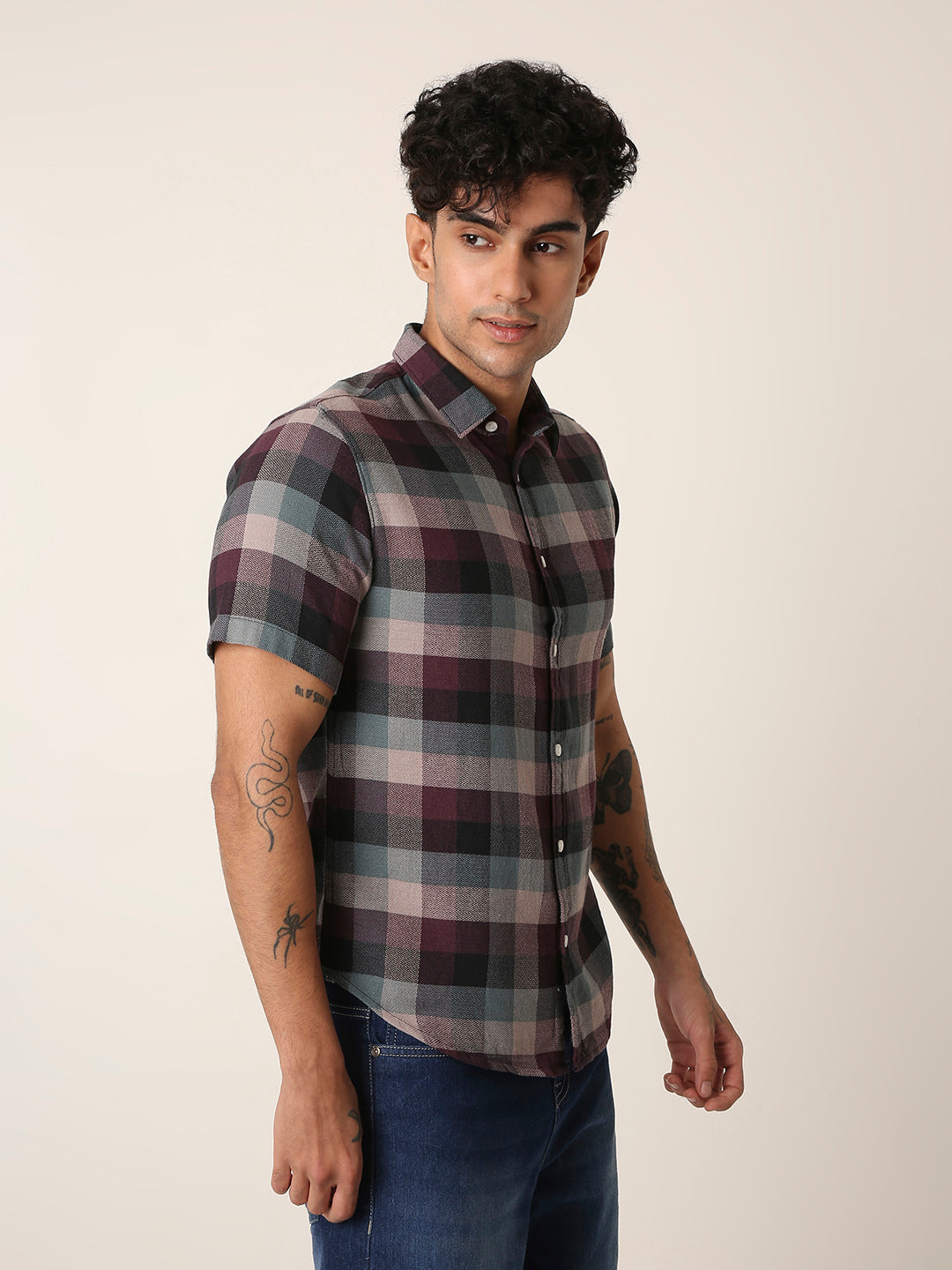 Maroon & Grey Checkered Short Sleeve Casual Shirt