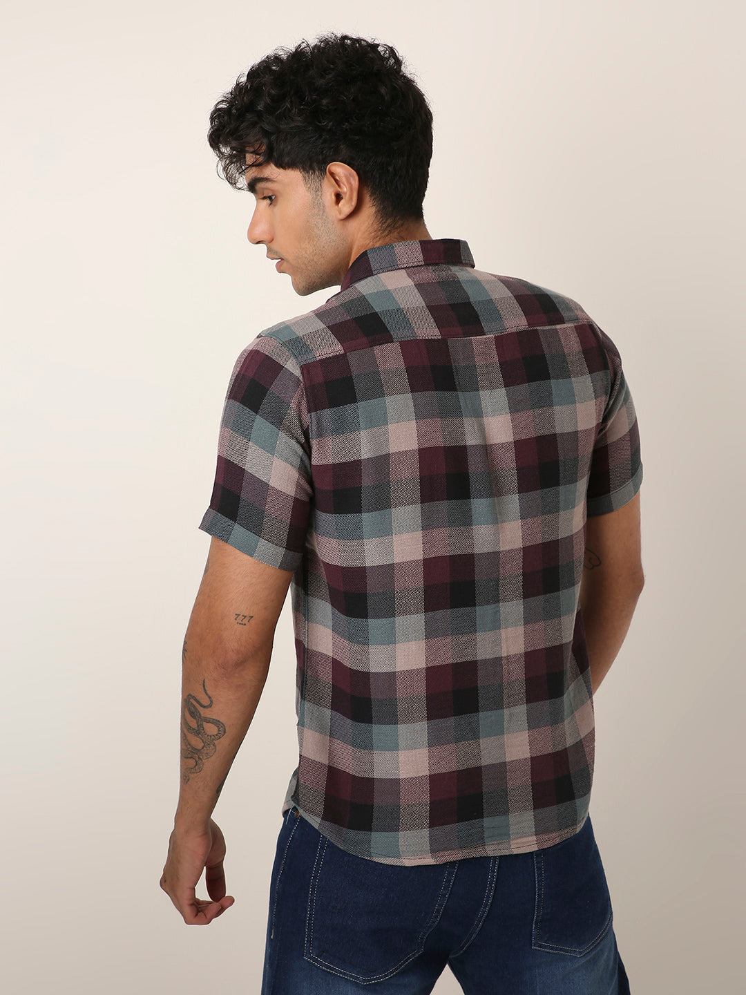 Maroon & Grey Checkered Short Sleeve Casual Shirt