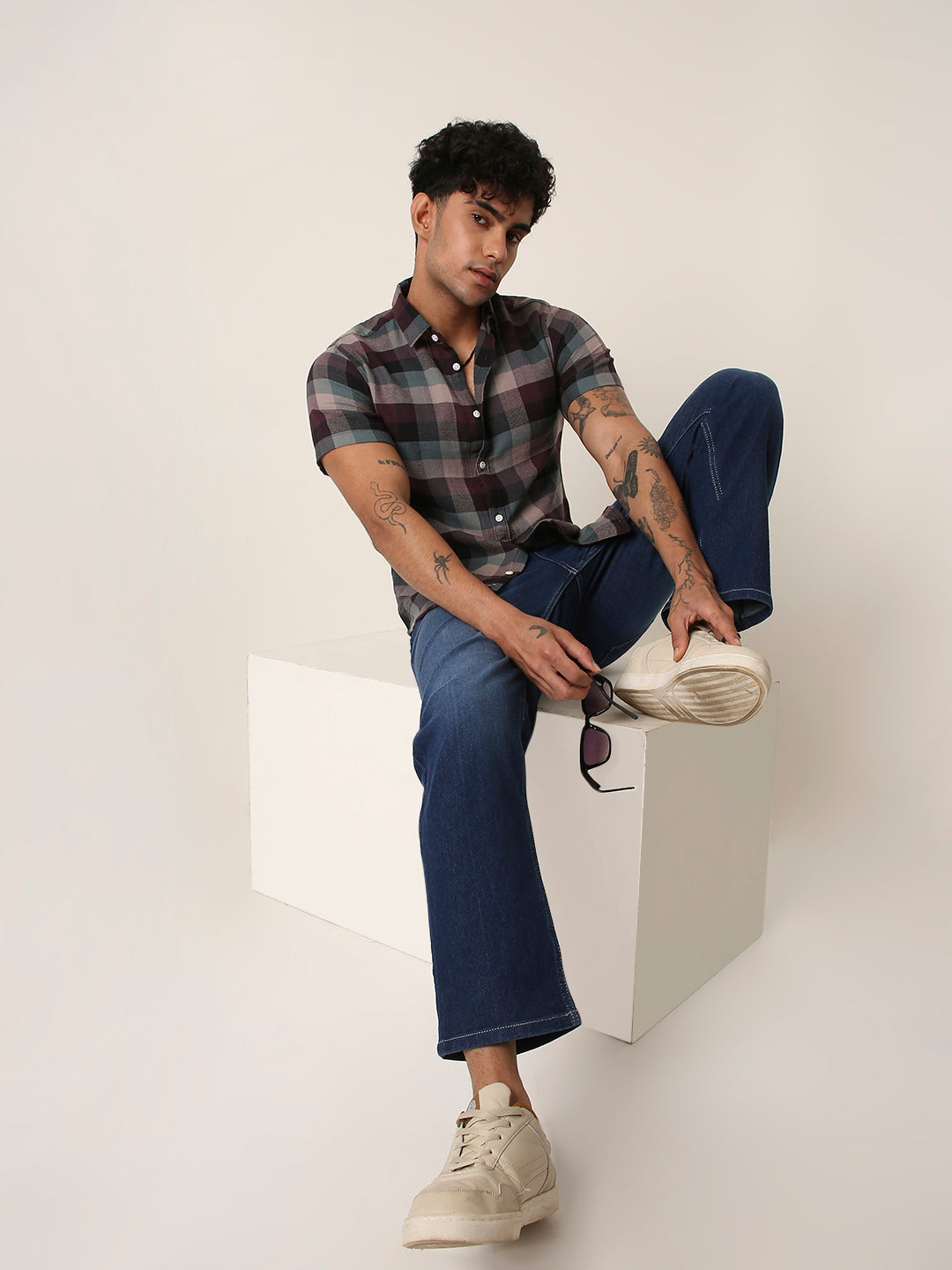 Maroon & Grey Checkered Short Sleeve Casual Shirt